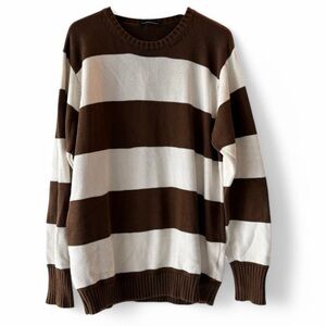 Brandy Melville Brown and White Striped Crewneck Oversized Sweater